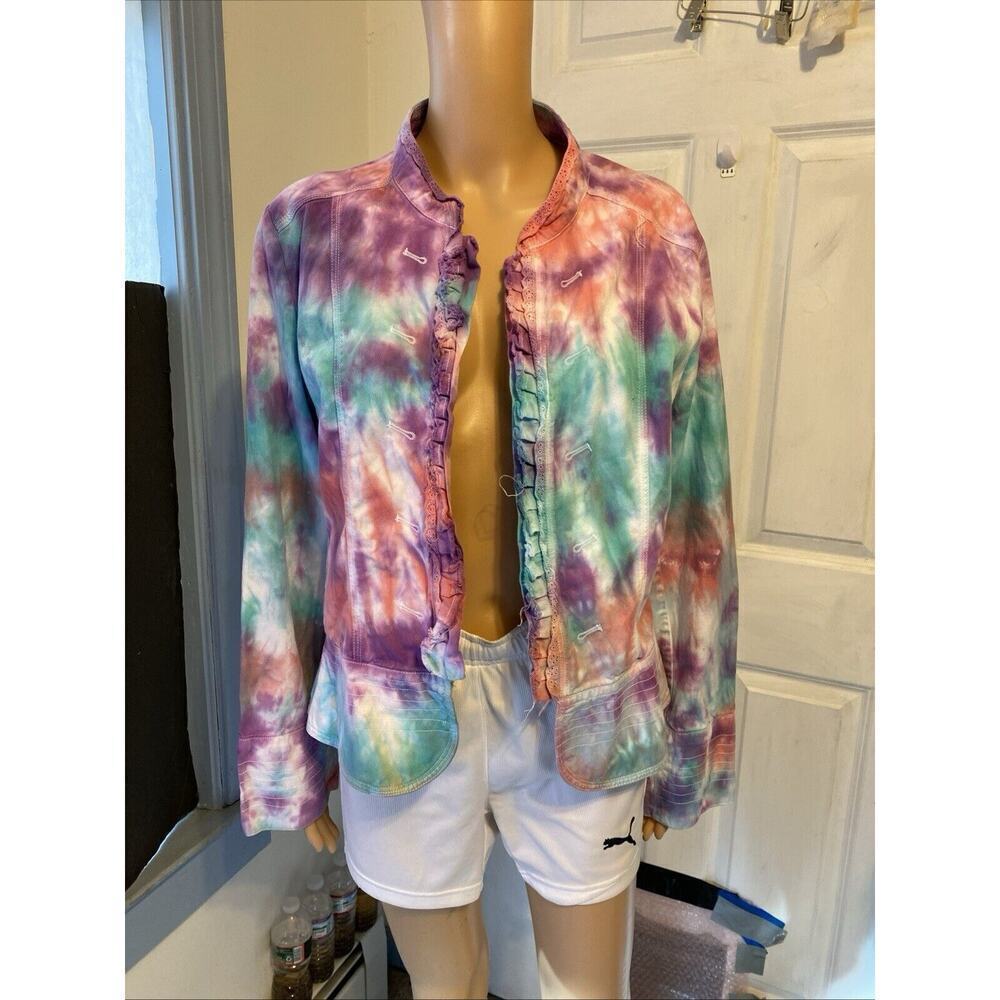 VTG Tissaia Open Jacket Women's XL Purple Tie Dye Ruffle Long Sleeve Boho Artsy - Picture 9 of 9